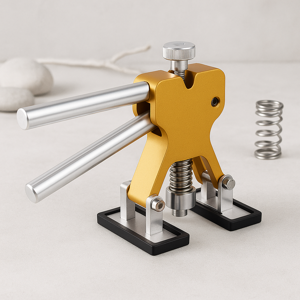 Gold and silver manual dent repair tool with dual handles and adjustable spring mechanism