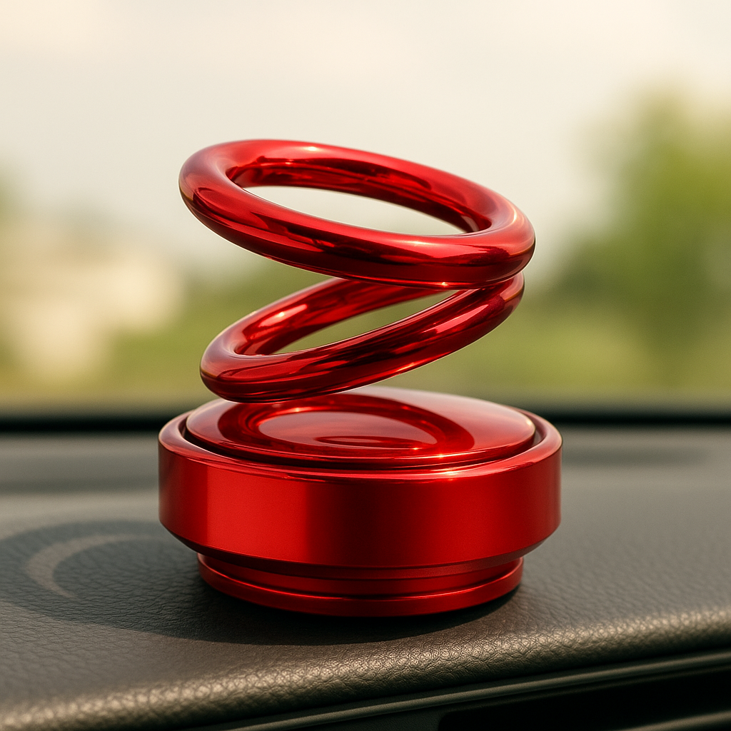 Red metallic car dashboard spring ornament with a circular base