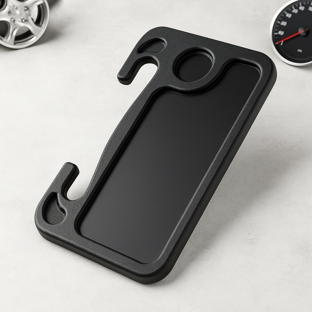 Black multifunctional car steering wheel tray with hooks and a flat surface.