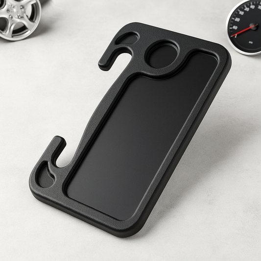 Black multifunctional car steering wheel tray with hooks and a flat surface.