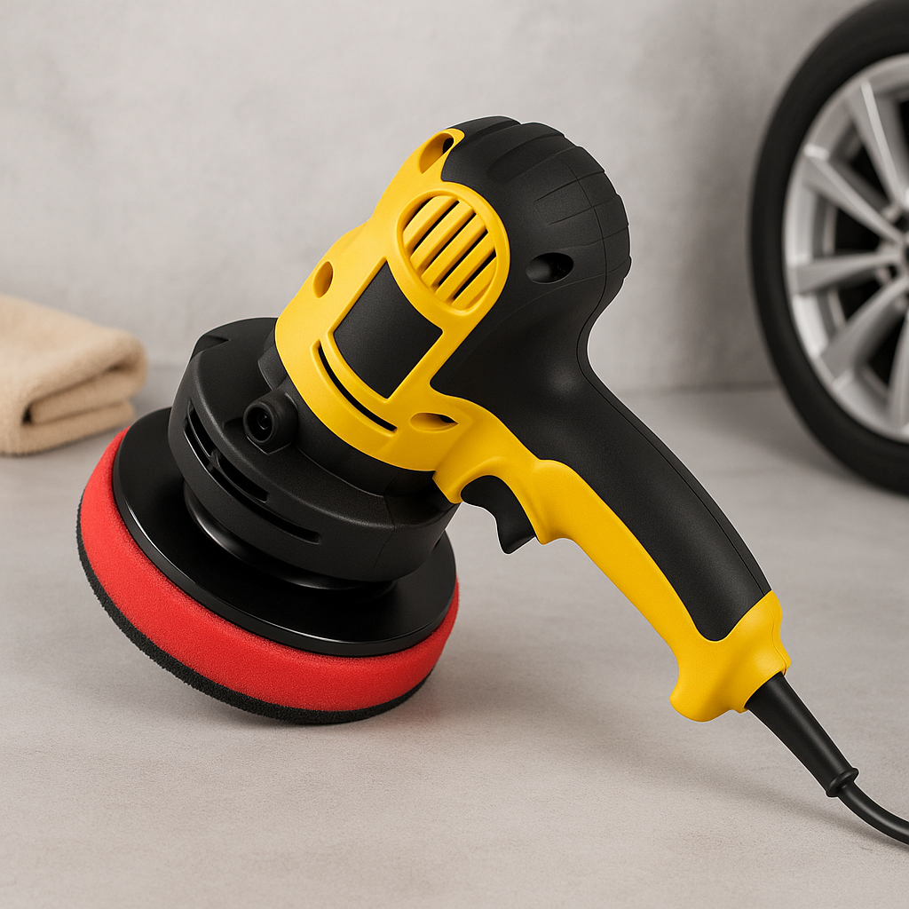 Yellow and black electric car polisher with a red foam pad placed on a flat surface.