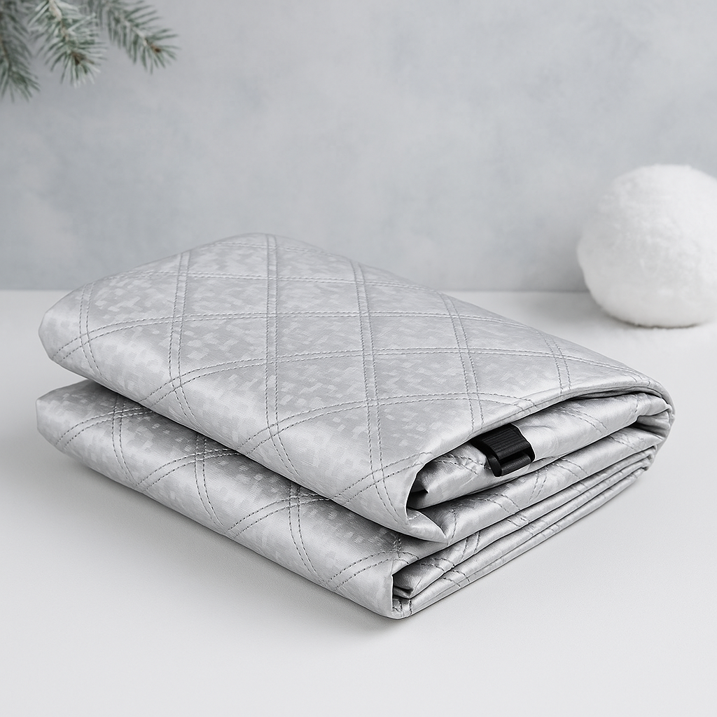 Folded gray weighted blanket on a light surface with a neutral background
