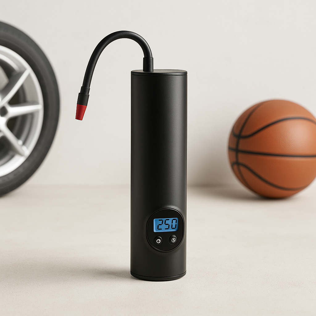 Black portable air compressor with digital display next to a basketball and car tire on a light background