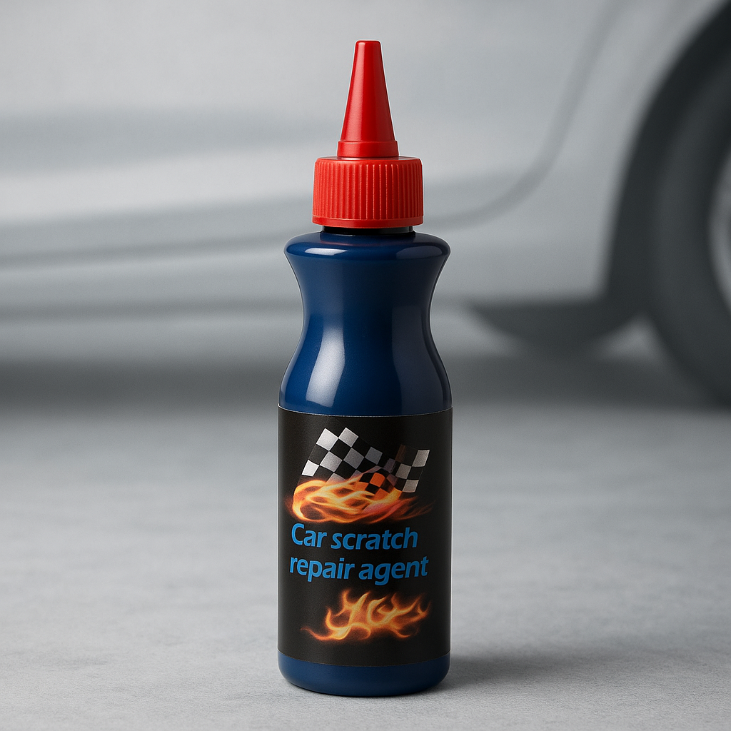 lue plastic bottle with a red nozzle labeled ‘Car scratch repair agent.