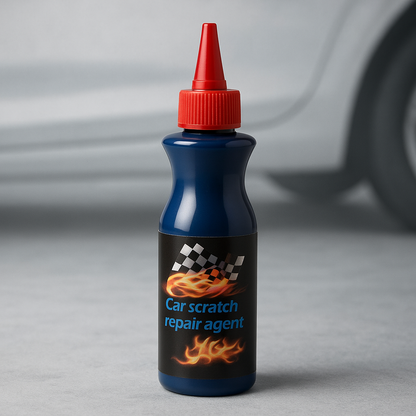 lue plastic bottle with a red nozzle labeled ‘Car scratch repair agent.