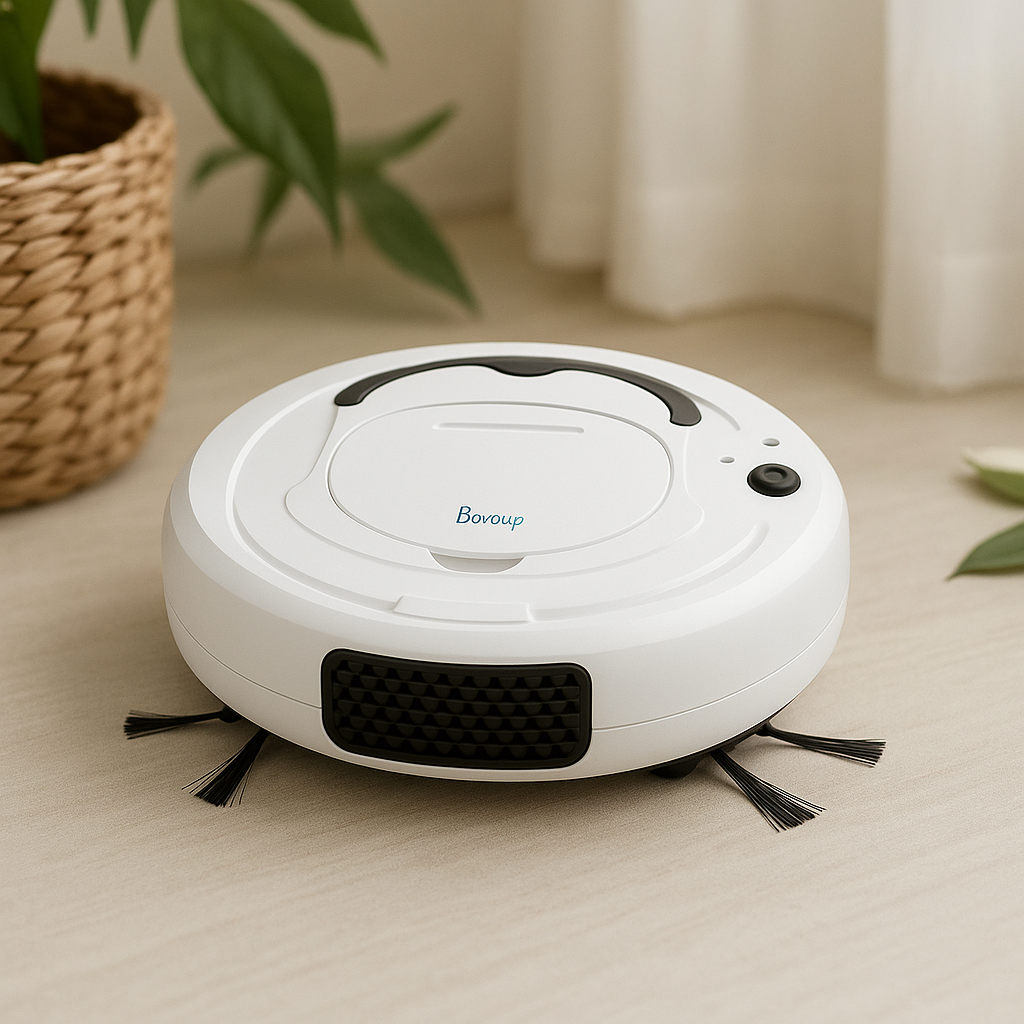 White automatic robotic vacuum cleaner with dual side brushes for home floor cleaning.