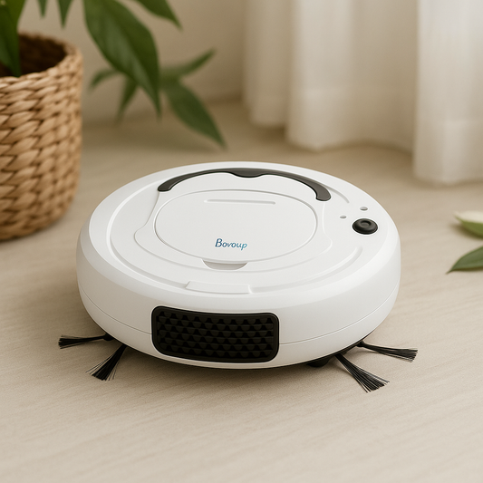 White automatic robotic vacuum cleaner with dual side brushes for home floor cleaning.
