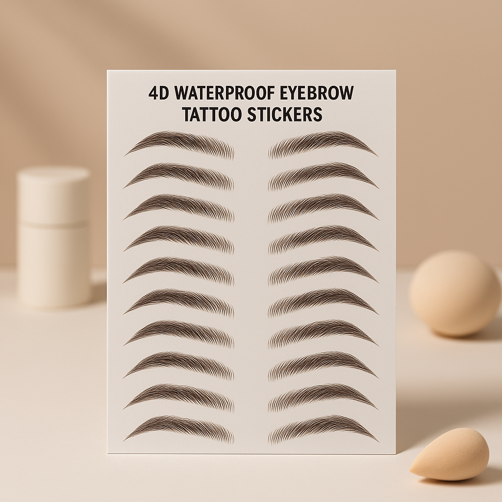 Sheet of 4D waterproof eyebrow tattoo stickers on a beige background