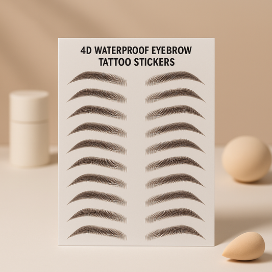 Sheet of 4D waterproof eyebrow tattoo stickers on a beige background