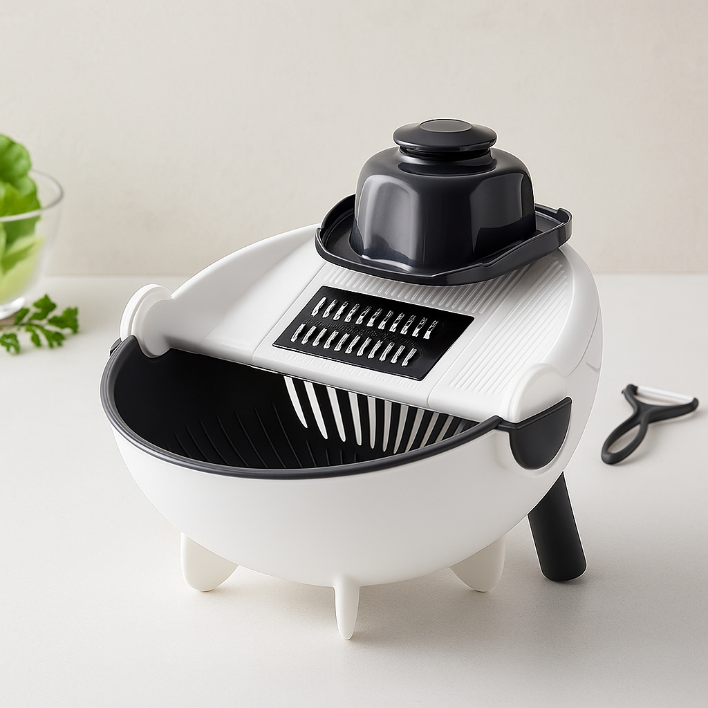 Multi-functional vegetable cutter and salad spinner with grater, draining basket, and bowl set for kitchen use.