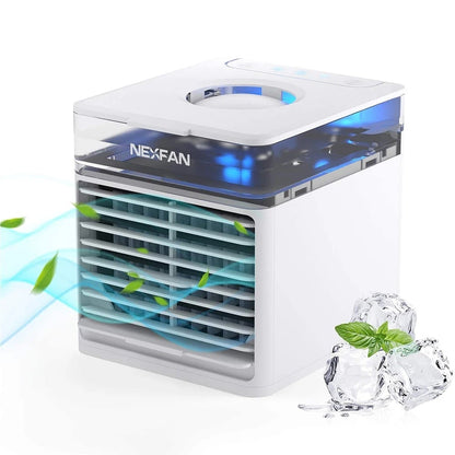 NexFan portable air cooler with ice cubes and leaves on a white background