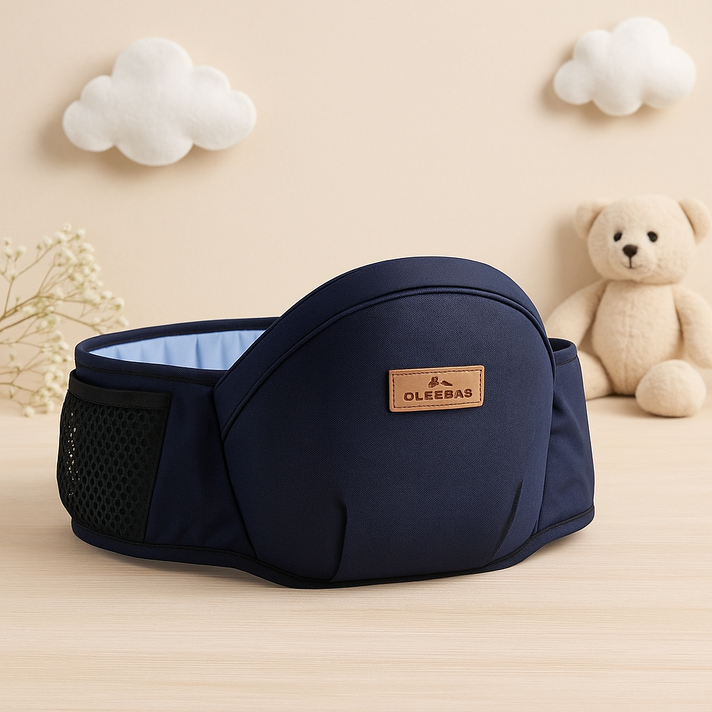 Navy blue baby hip seat carrier with padded support and breathable mesh sides for comfortable carrying