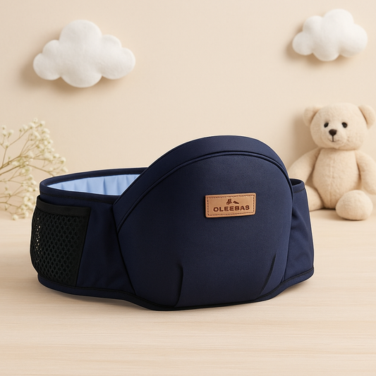 Navy blue baby hip seat carrier with padded support and breathable mesh sides for comfortable carrying