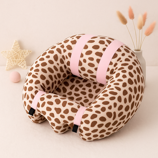 Soft baby support seat with brown-and-cream giraffe print and pink safety straps