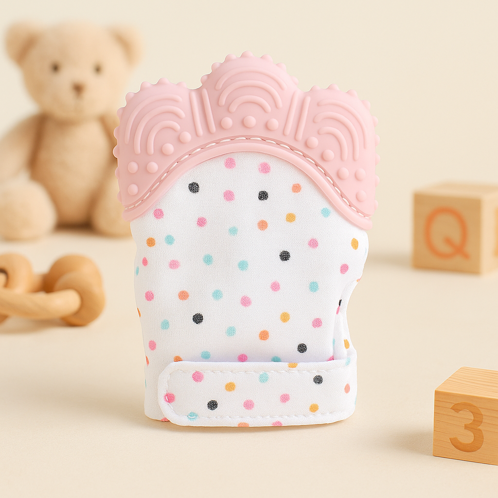 Baby teething mitten with soft silicone top and colorful polka-dot fabric for soothing teething relief.