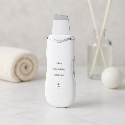 White skincare device on a light surface with a neutral background