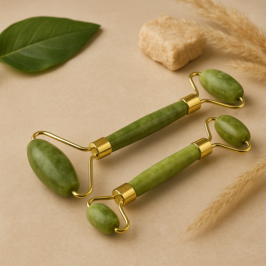 Green and gold facial roller on a beige background with leaves and stones.