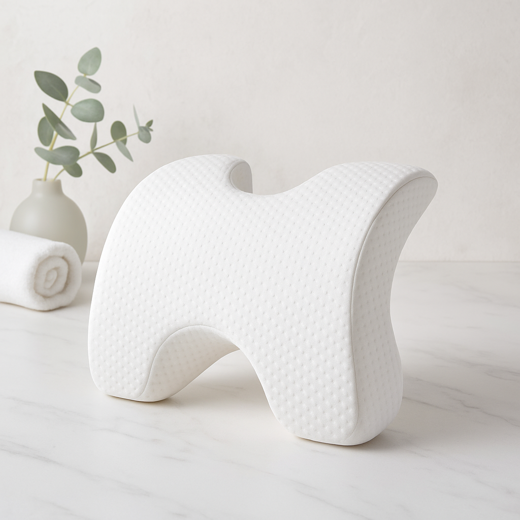 Ergonomic white knee support pillow for leg alignment, back pain relief, and comfortable side sleeping.