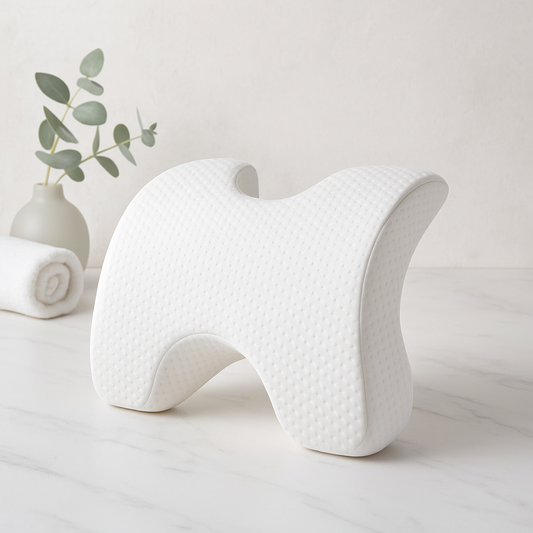 Ergonomic white knee support pillow for leg alignment, back pain relief, and comfortable side sleeping.