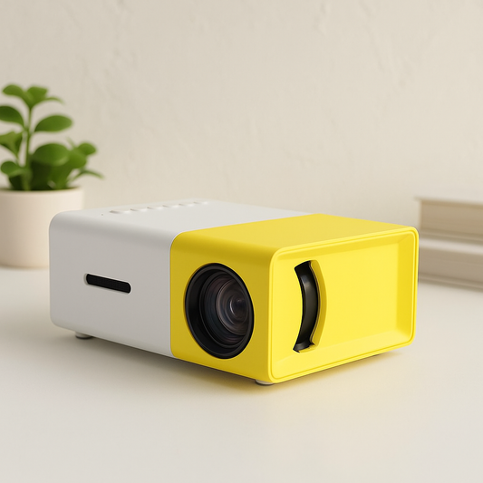 Small white and yellow projector on a light surface with a plant in the background