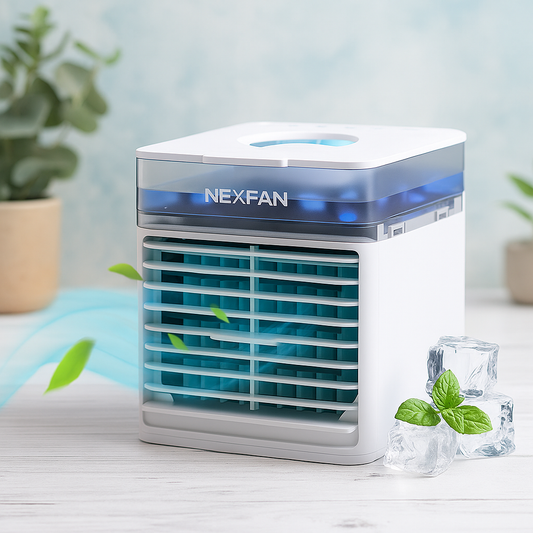 NexFan air cooler on a table with plants and a glass of water in the background