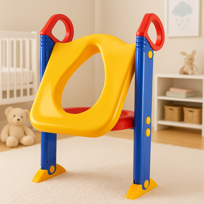 Colorful toddler potty training seat with safety handles and foldable ladder for easy toilet access.