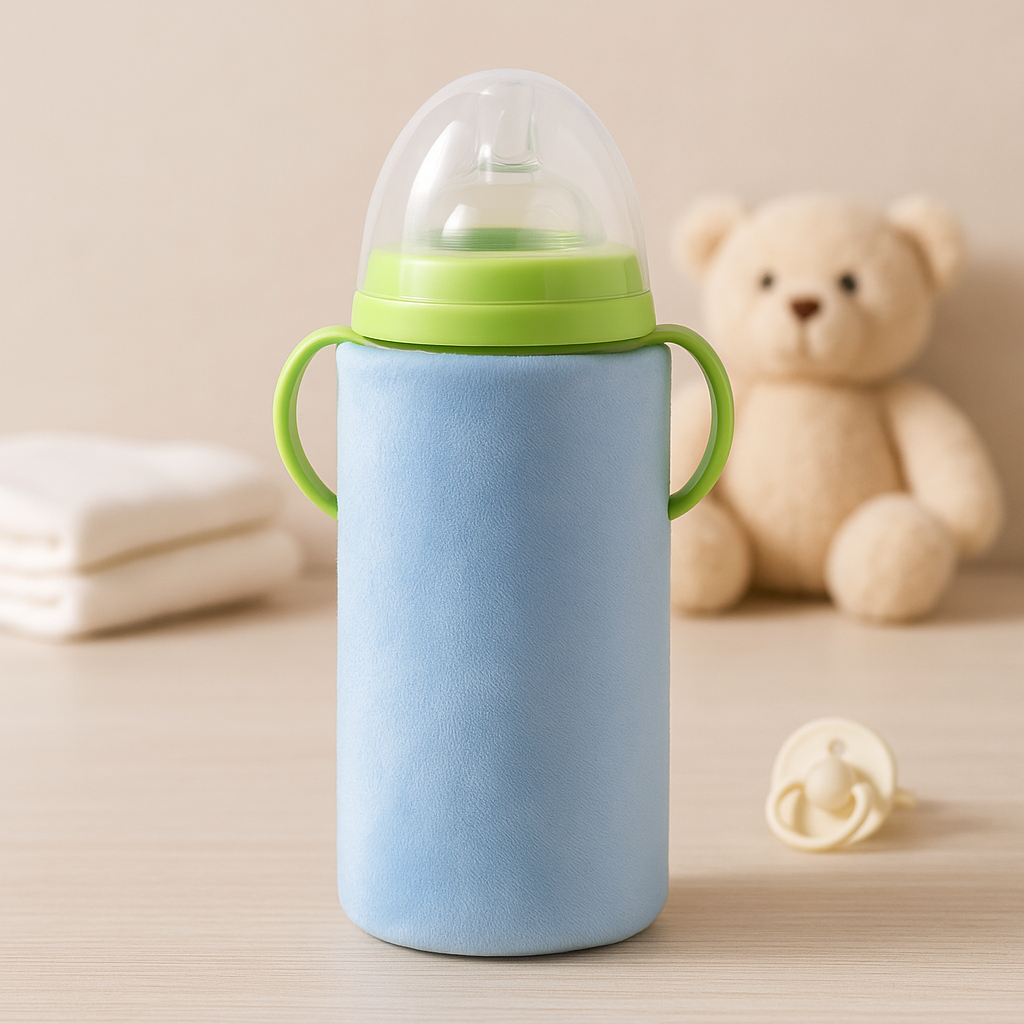 Blue plush-covered baby feeding bottle with green handles and a clear silicone nipple cap.