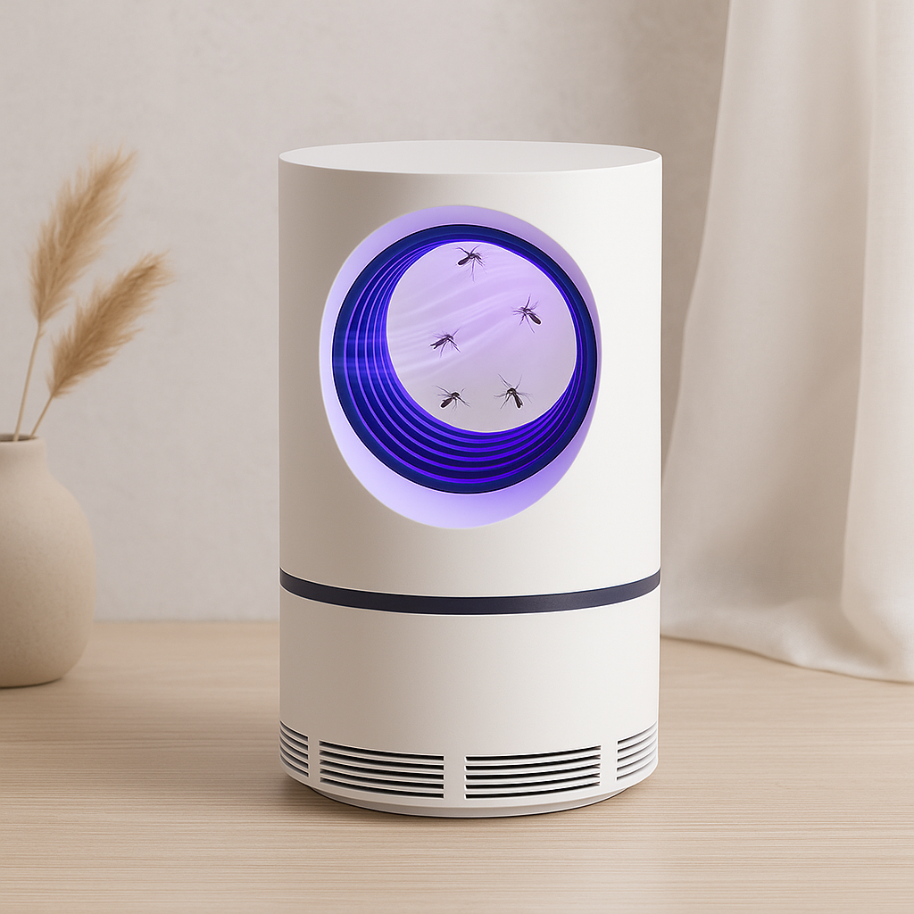 White electric mosquito killer lamp with UV light trap for indoor insect control.