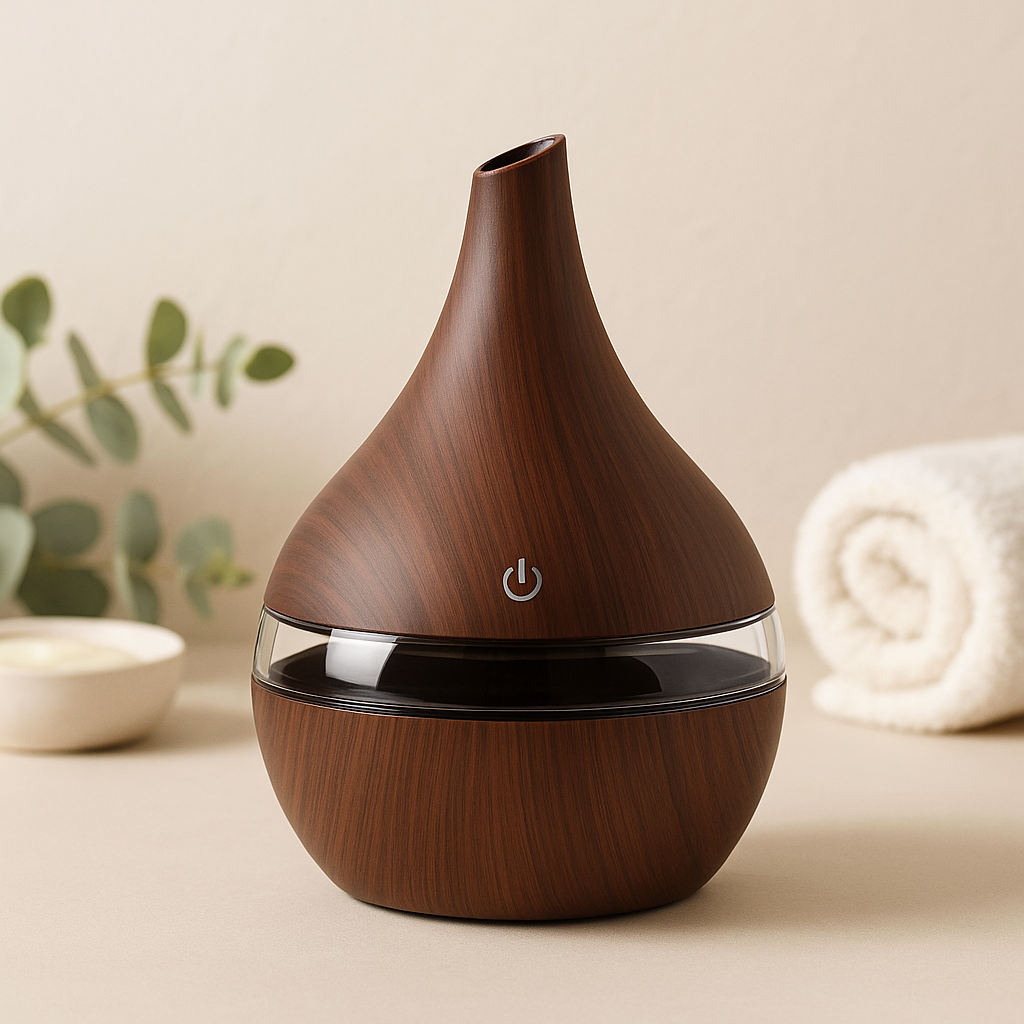 Wood-grain essential oil aroma diffuser with LED light, used for home aromatherapy and humidifying.