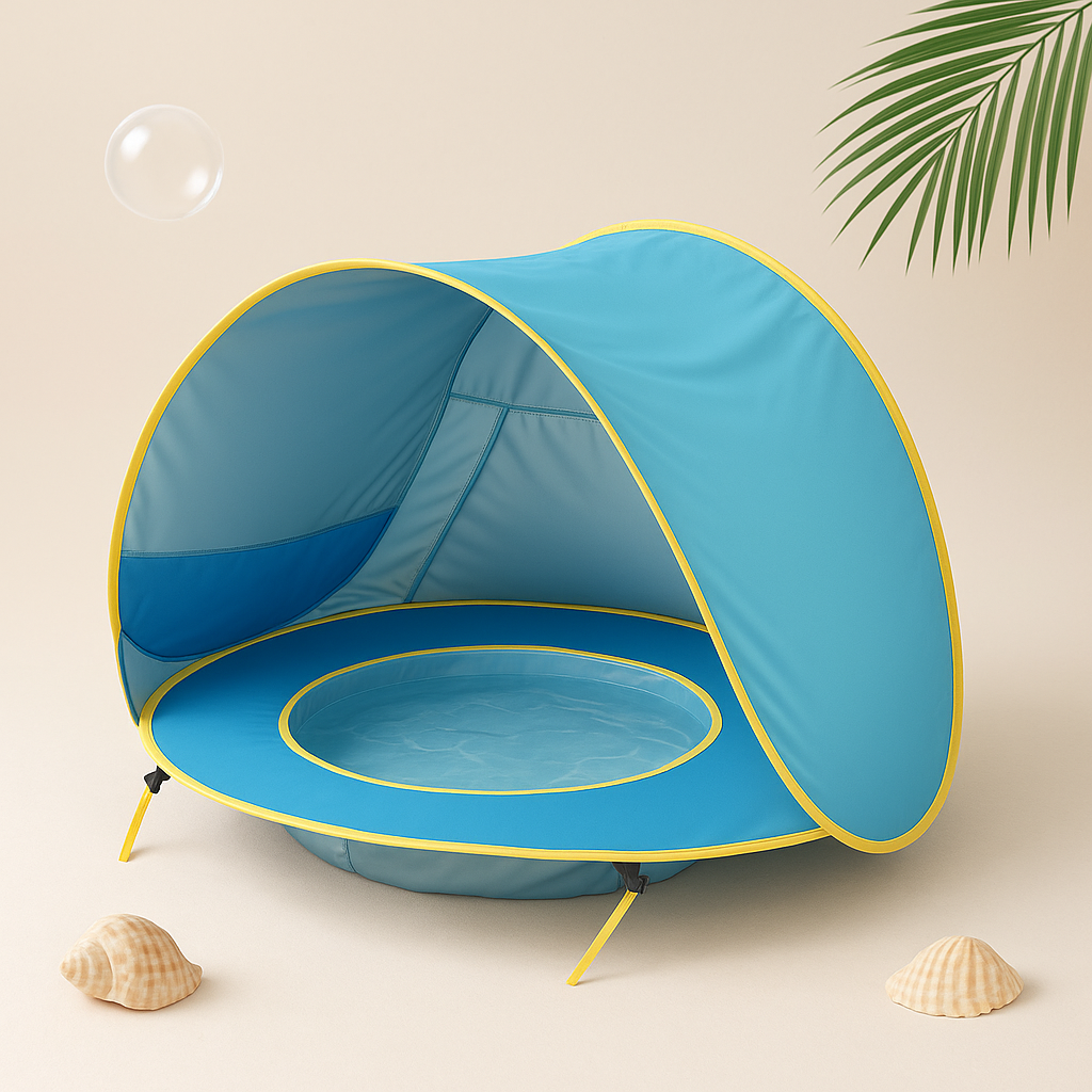 Blue baby beach tent with built-in mini pool and sun shade canopy for outdoor protection.